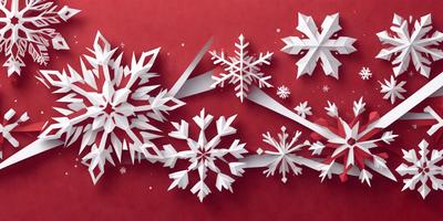 The primary subject of the image is a close-up of a snowflake cutout. The setting is a red background, which adds a contrasting color to the scene. The visual style appears to be a combination of digital art and illustration, as the snowflake cutout is placed on a red surface. The colors and mood of the image are predominantly white and red, creating a warm and festive atmosphere.